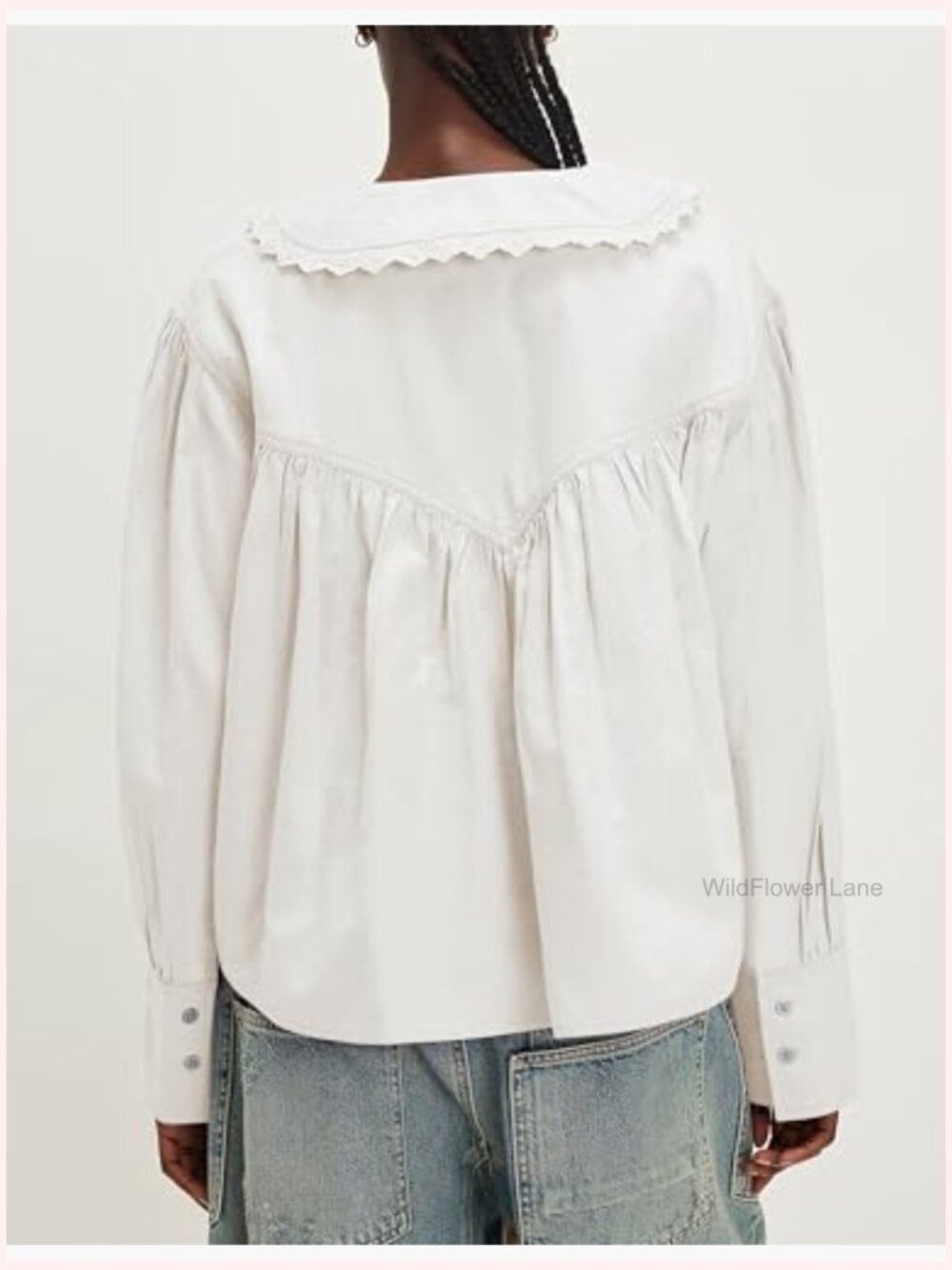 Cotton Button Down Blouse Lace Trim Loose Fit Peter Pan Collar Long Sleeve Work - Picture 3 of 7